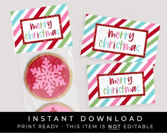 Instant Download Merry Christmas Cookie Bag Topper Printable, Merry and Bright Colorful Pink Red Holiday Gift Bag Treat Toppers, #198BID VIP