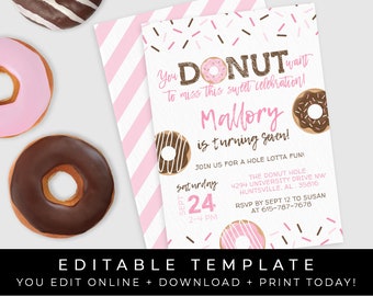 Donut Birthday Invitation Sprinkles Girl Pink Any Age Donut Sprinkles Party Invite Printable Editable Instant Template Download, Corjl #004F