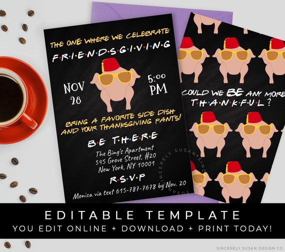 Friends Thanksgiving Turkey Invitation Friendsgiving Party Invite Friends TV Show Theme Printable Editable Template Download Corjl #084E