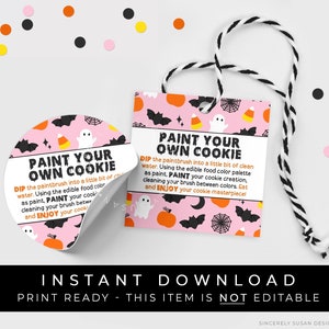 Instant Download Pink Halloween Paint Your Own Cookie Tag, Happy Halloween PYO Cookie Instructions Printable 2&quot; & 2.5&quot; Tag, #179EID VIP