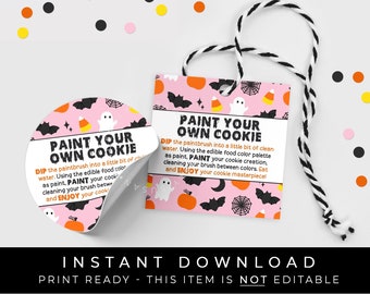 Instant Download Pink Halloween Paint Your Own Cookie Tag, Happy Halloween PYO Cookie Instructions Printable 2" & 2.5" Tag, #179EID VIP