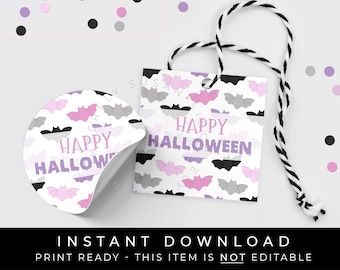 Instant Download Pastel Bats Happy Halloween Tag, Printable Pink Halloween Bat Cookie Tag, Spooky Party Favor Treat Bag, #173BID VIP
