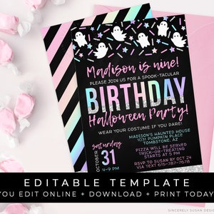 Pink Halloween Birthday Party Invitation Printable Girl Halloween Ghost Invite Rainbow Stars Editable Template Instant Download Corjl #079B