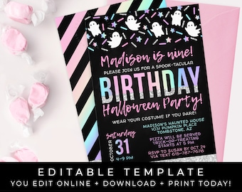 Pink Halloween Birthday Party Invitation Printable Girl Halloween Ghost Invite Rainbow Stars Editable Template Instant Download Corjl #079B