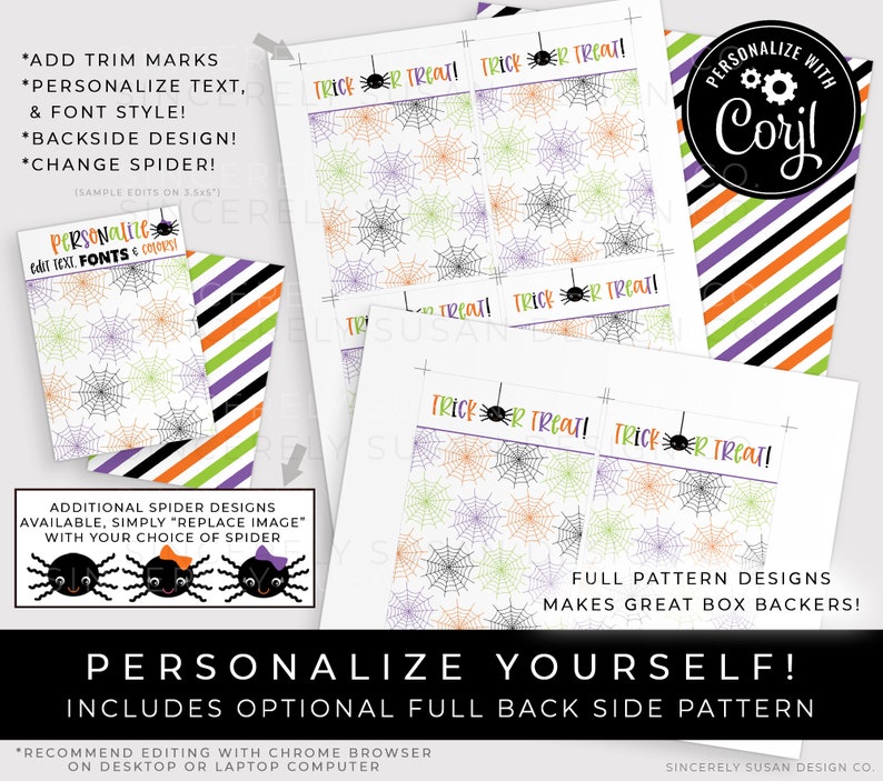 May include: Printable Halloween treat bag tags with a spider web design and the text "Trick or Treat!" in black and orange. The tags are designed to be personalized with text and font styles. The image also includes a full back side pattern with spider webs in orange, green, and purple.
