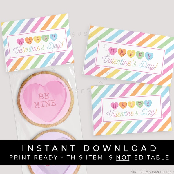 Instant Download Happy Valentine's Day Bag Topper, Printable Candy Heart Cookie Topper, Rainbow Valentine Party Favor Tags, #218BID VIP