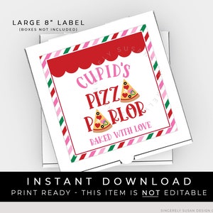 Instant Download 8 inch Cupid&#39;s Pizza Parlor Mini Pizza Box Label, Valentine&#39;s Day Pizza Cookie Kit Box Sticker Tag Printable, #222BID VIP