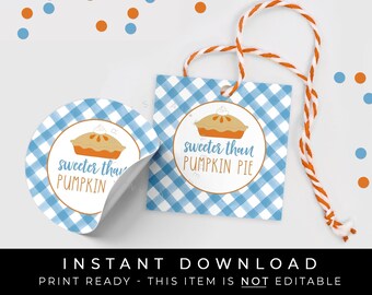 Instant Download Sweeter Than Pumpkin Pie Printable Tag, Autumn Blue Buffalo Check Fall Pumpkin Pie Cookie Tag, #171AID VIP