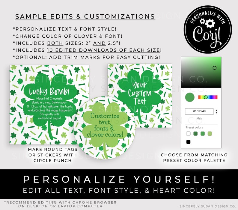 CUSTOMIZABLE Happy St. Patrick's Day Cookie Tag Printable, Shamrock Sprinkles Lucky 4 Leaf Clover Editable Sticker Gift Tag, Corjl 242 VIP image 3