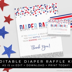 Diaper Raffle Sign & Ticket Insert Card 4th of July Patriotic Baby Shower Invitation Game Editable Printable Template Download, Corjl #033