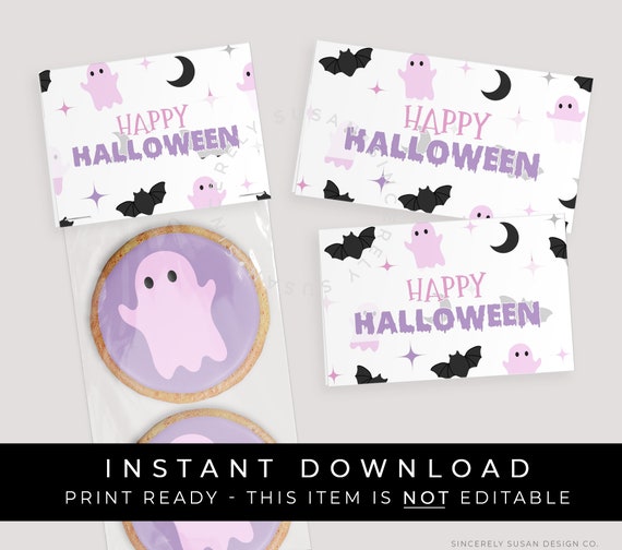 Instant Download Happy Halloween Bag Topper, Purple Pink Spooky Sweet Halloween Ghost Bat Printable Mini Cookie Bag Topper, #175BID VIP