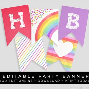 Rainbow Birthday Banner Printable Party Decorations Editable Rainbow Hearts Confetti Bunting Instant Download Template, Corjl #016