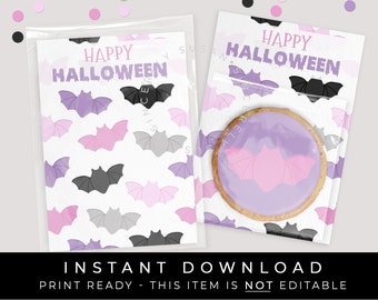 Instant Download Happy Halloween Bats Cookie Card Printable, Purple Pink Halloween Spooky Treat Halloween Mini Cookies, #173CID VIP