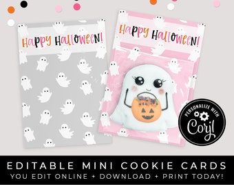 CUSTOMIZABLE Ghost Happy Halloween Cookie Cards, Pink Halloween Boo Printable Personalized Mini Cookie Packaging and Backers, Corjl #156 VIP
