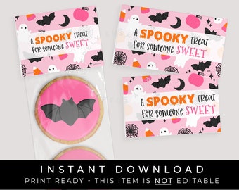Instant Download Pink Happy Halloween Treat Bag Topper, Spooky Sweet Pumpkin Ghost Halloween Printable Mini Cookie Topper, #179GID VIP