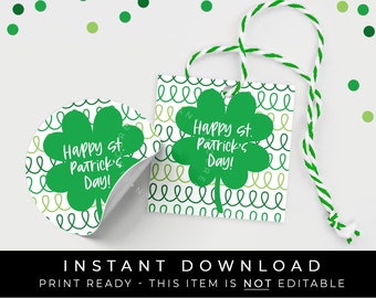 Instant Download Happy St. Patrick's Day Cookie Tag, Shamrock 4 Leaf Clover Good Luck Cookie Printable Tag Green Swirls Loops, #242DID VIP