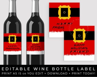 Friends TV Show Christmas Wine Bottle Label Friendsmas Holiday Party Personalized Printable Editable Template Digital Download, Corjl #085B