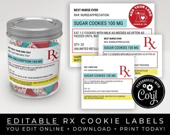 CUSTOMIZABLE Cookie Prescription Label RX Nurse Appreciation Sticker Label Tag Printable Medical Pharmacy Gift Packaging, Corjl #107W VIP