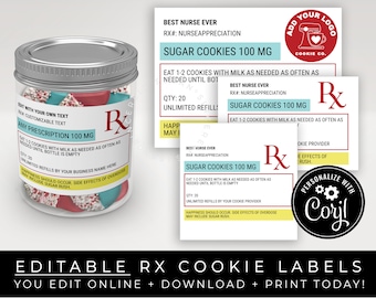 CUSTOMIZABLE Cookie Prescription Label RX Nurse Appreciation Sticker Label Tag Printable Medical Pharmacy Gift Packaging, Corjl #107W VIP