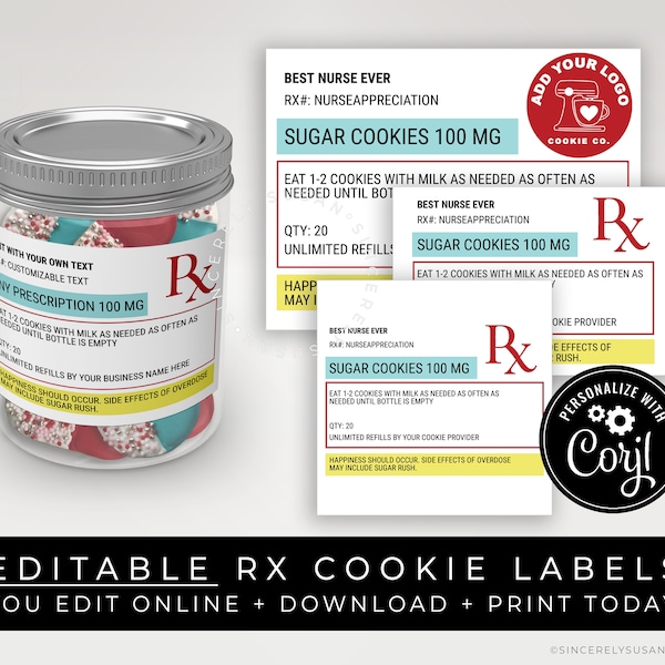 CUSTOMIZABLE Cookie Prescription Label RX Nurse Appreciation Sticker Label Tag Printable Medical Pharmacy Gift Packaging, Corjl #107W VIP