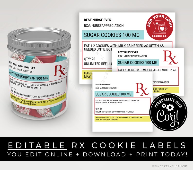 CUSTOMIZABLE Cookie Prescription Label RX Nurse Appreciation Sticker Label Tag Printable Medical Pharmacy Gift Packaging, Corjl #107W VIP 