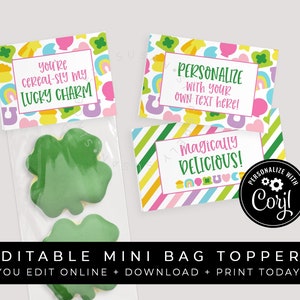 CUSTOMIZABLE St. Patrick's Day You're Cereal-sly My Lucky Charm Mini Cookie Bag Topper Printable Rainbow Marshmallows Favor, Corjl #101 VIP