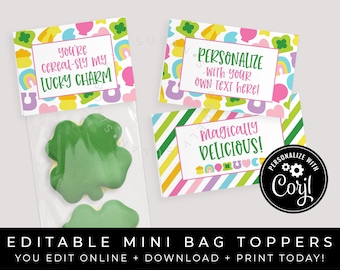 CUSTOMIZABLE St. Patrick's Day You're Cereal-sly My Lucky Charm Mini Cookie Bag Topper Printable Rainbow Marshmallows Favor, Corjl #101 VIP