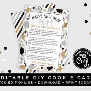 CUSTOMIZABLE Happy New Year DIY Cookie Kit Instructions Printable Card, Editable New Years Eve 2022 Holiday Cookie Decorating Kit, #215A VIP