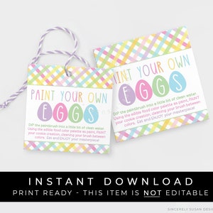 Instant Download PYO Easter Eggs Cookies Tag, Printable Spring Plaid Paint Your Own Eggs Cookie Directions Square Tag Label, 256BID VIP image 1