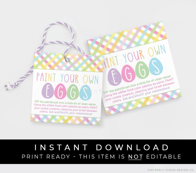 Instant Download PYO Easter Eggs Cookies Tag, Printable Spring Plaid Paint Your Own Eggs Cookie Directions Square Tag Label, 256BID VIP image 1