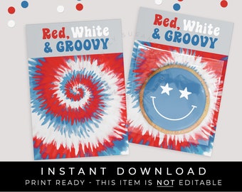 Instant Download Red White & GROOVY 4th of July Cookie Card Printable, Retro Tie Dye Independence Day Patriotic Cookie Backer, #294AID VIP