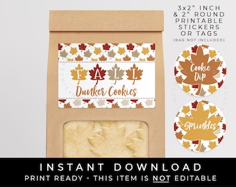 Instant Download Fall Dunker Cookies Printable Label, Fall Leaves Mini Cookie Dunk Tag Dip Sprinkles Labels Sticker, #161RID VIP