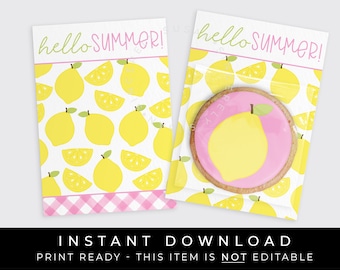 Descarga instantánea Tarjeta de galleta de limón rosa imprimible, Hola verano Mini respaldo de galleta de limón, Cheque de guinga de limonada rosa de verano, #275P3ID VIP