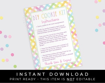 Instant Download DIY Cookie Kit Instructions Card Printable, Spring Pastel Gingham Plaid Easter Cookie Kit Directions 3.5 x 5", #256ID VIP