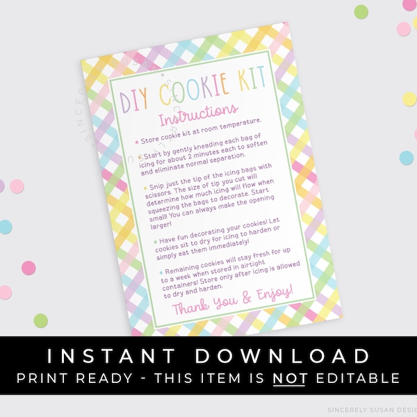 Instant Download DIY Cookie Kit Instructions Card Printable, Spring Pastel Gingham Plaid Easter Cookie Kit Directions 3.5 x 5", #256ID VIP