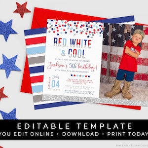 Red White & COOL Birthday Invitation 4th of July Blue Patriotic Stars Stripes Editable Template Download Printable Photo Invite, Corjl #057F