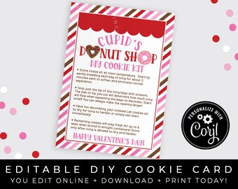 CUSTOMIZABLE Valentine Donuts DIY Cookie Kit Instructions Printable Card, Cupid's Donut Shop Decorate Your Own Cookies Decorating, #221 VIP