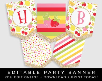 May include: Editable party banner with a fruit theme. The banner features a white background with red, yellow, and green stripes, polka dots, and lemons, cherries, and strawberries. The banner says "Editable Party Banner" and "You Edit Online + Download + Print Today!"