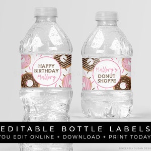 Printable Donut Water Bottle Labels Donut Sprinkles Birthday Party Personalized Decorations Editable Instant Template Download, Corjl #004