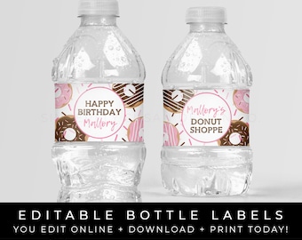 Printable Donut Water Bottle Labels Donut Sprinkles Birthday Party Personalized Decorations Editable Instant Template Download, Corjl #004