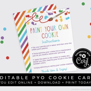 CUSTOMIZABLE PYO Paint Your Own Cookie Kit Instructions Printable Card, Rainbow Personalized Cookie Decorating Packaging, Corjl #108B VIP