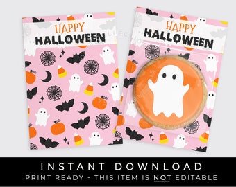 Instant Download Happy Halloween Cookie Card, Printable Pink Halloween Mini Sugar Cookie Backer 3.5 x 5", #179FID VIP