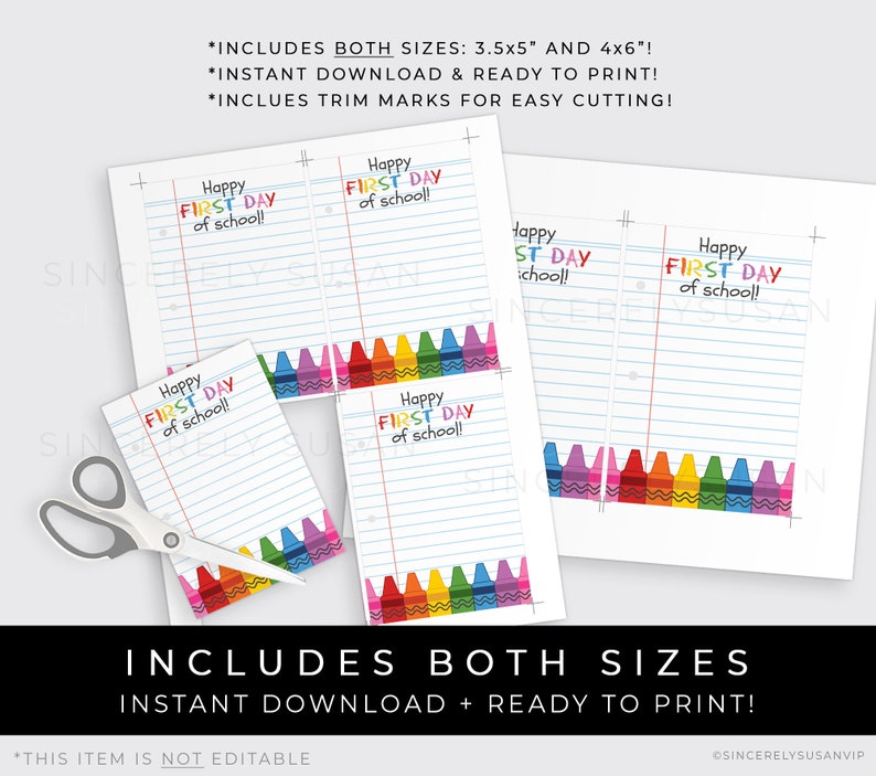 May include: Printable first day of school sign with a rainbow of crayons. The sign says "Happy First Day of School!" and is available in two sizes: 3.5x5 inches and 4x6 inches.