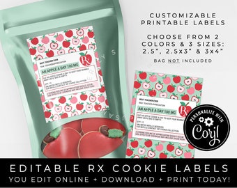 CUSTOMIZABLE Apple A Day Teacher Appreciation Cookie Prescription Label, RX Apple Cookie Sticker Tag Personalized Printable, Corjl #260 VIP