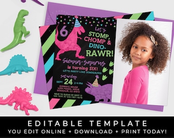 May include: A printable dinosaur birthday party invitation with a pink dinosaur, green, blue, and black stripes, and the text "Let's Stomp, Chomp & Dino-Rawr! Sienna-Saurus is turning SIX! Let's party like dinosaurs! Saturday, Sept 24, 2-4 PM, Sienna's House, 4294 Fossil Drive, Dinosaur, CO 81610, RSVP to Susan by Sept 12 via text at 615-787-7676".