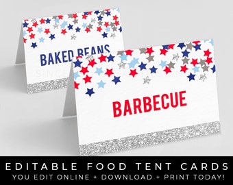 4. Juli Food Tent Cards Druckbare Buffet Food Labels Patriotische Party Dekor BBQ Picknick Kochen Bearbeitbare Sofortige Vorlage Download Corjl