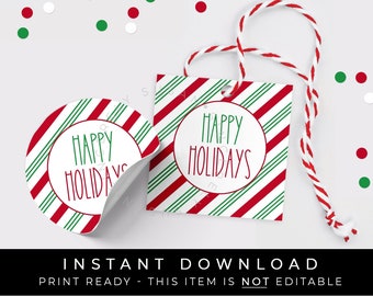 Instant Download Happy Holidays Cookie Tag, Christmas Candy Cane Stripe Christmas Holiday Gift Wrapping Tag or Party Favor, #196BID VIP