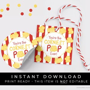 Instant Download Popcorn Corniest POP Father&#39;s Day Cookie Tag Printable, Dad Popcorn Gift Tag, #292BID VIP