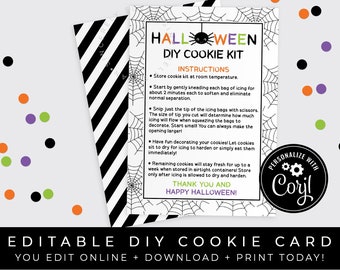 CUSTOMIZABLE Spider Halloween DIY Cookie Kit Instructions Printable Card, Cute Spider Web Halloween Cookie Decorating Kit, Corjl #167B VIP