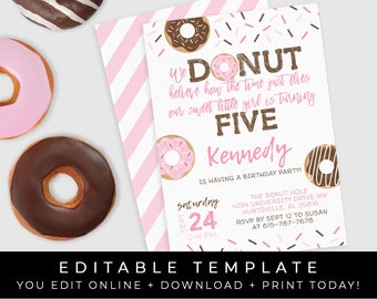 Donut Birthday Invitation Sprinkles 5th Birthday Girl is FIVE Pink Donuts Party Printable Editable Instant Template Download, Corjl #004E